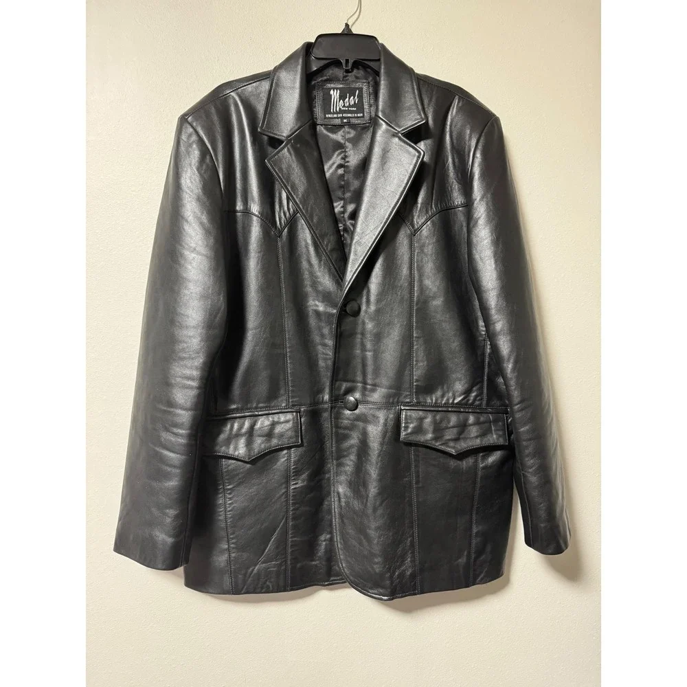 Modal New York Mens Black‎ Leather Western Blazer Jacket Coat Lined Size Medium